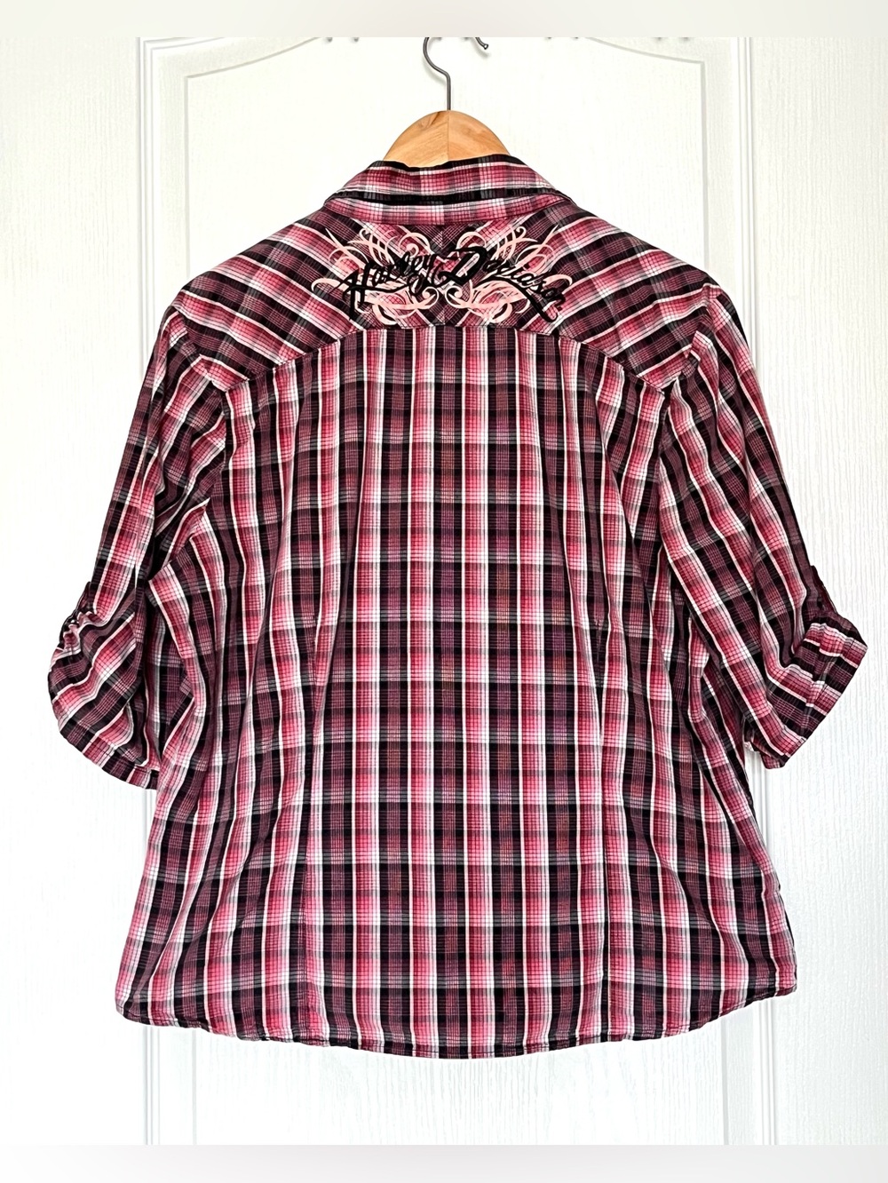 Harley-Davidson Embroidered Logo Pink Plaid Western Shirt XL Roll Tab Sleeves